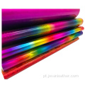 Tecido de couro neon falso de PU holográfico arco-íris